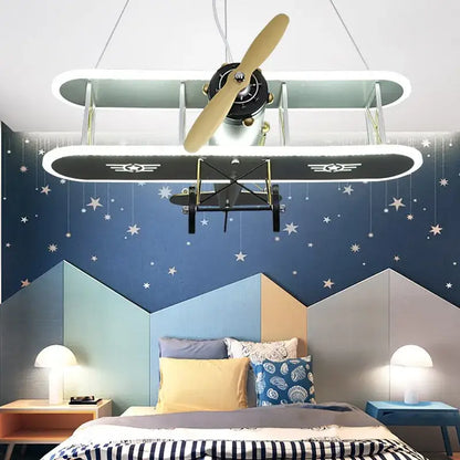 Yellow & silver biplane aircraft led chandelier for boys bedroom