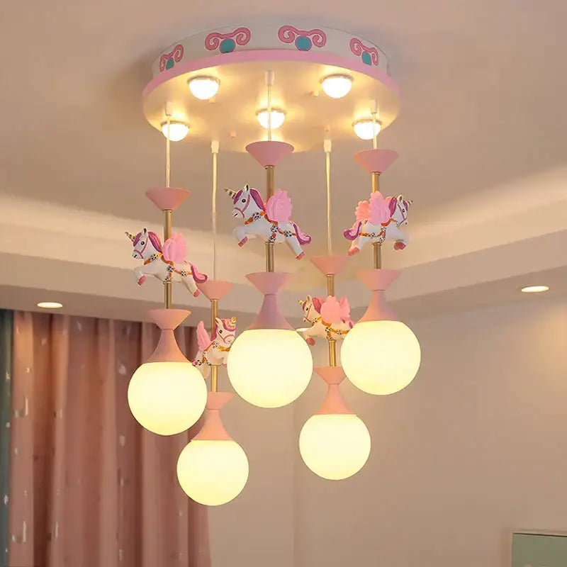 Pink and gold unicorn carousel led chandeliers bedroom pendant light