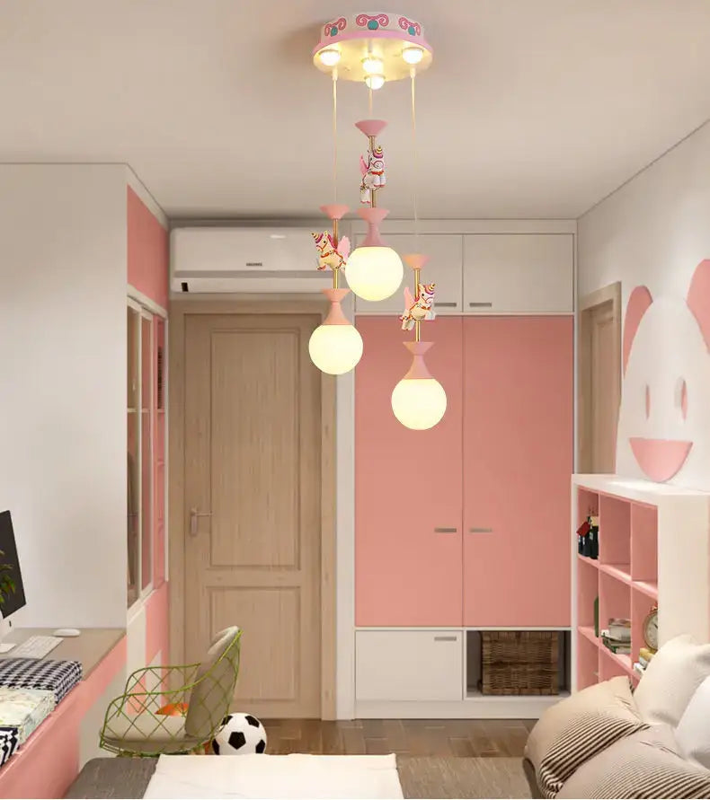 Pink and gold unicorn carousel led chandeliers bedroom pendant light