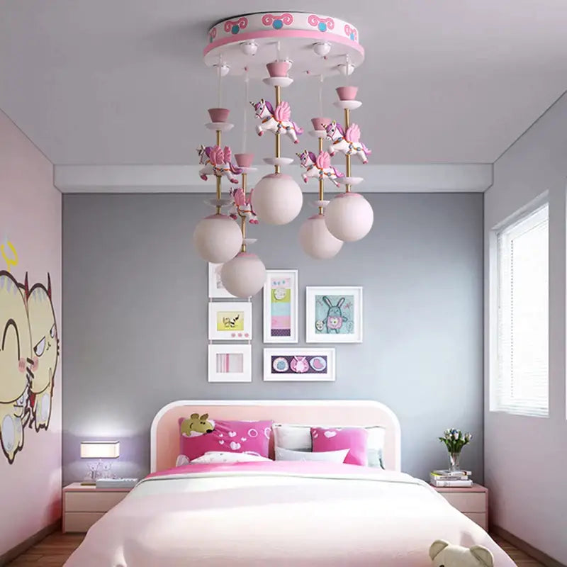 Pink and gold unicorn carousel led chandeliers bedroom pendant light