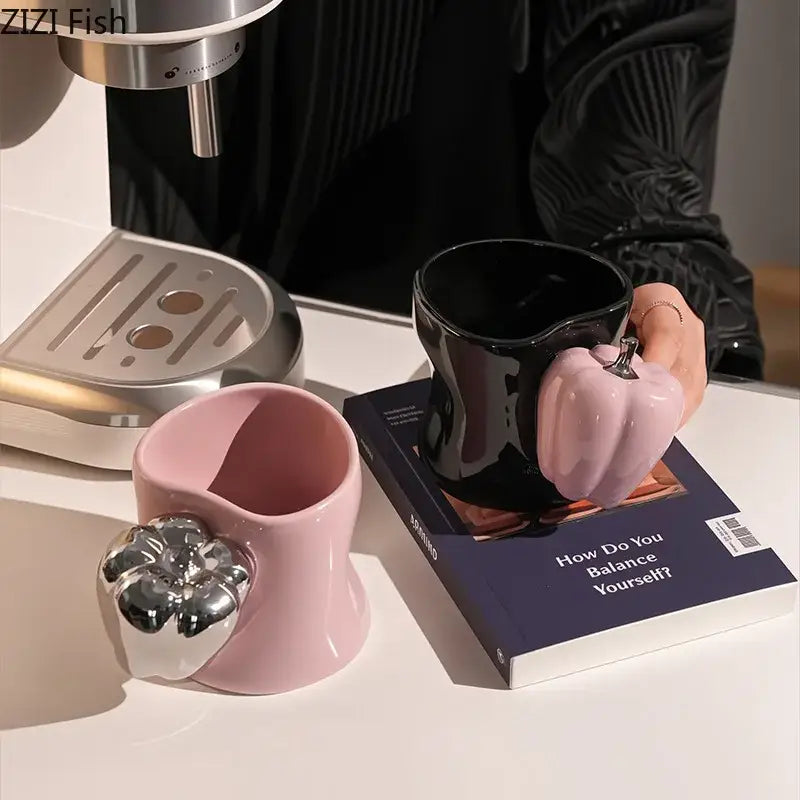 Black & white chili handle cup & saucer set – kitchen coffee mugs