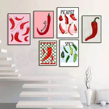 Vibrant red & green chili pepper art trio kitchen framed wall decor