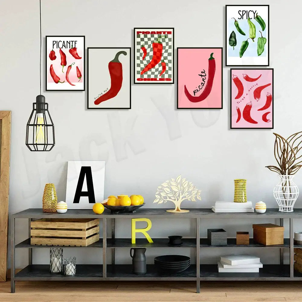 Vibrant red & green chili pepper art trio kitchen framed wall decor