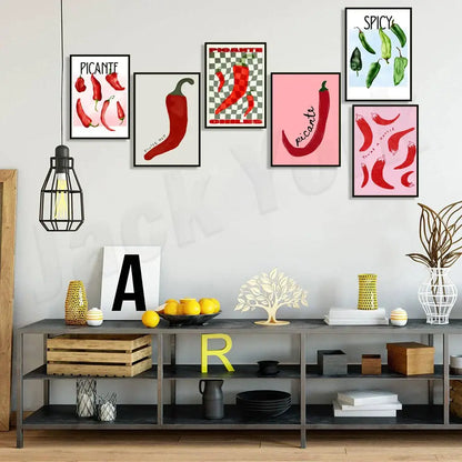 Vibrant red & green chili pepper art trio kitchen framed wall decor