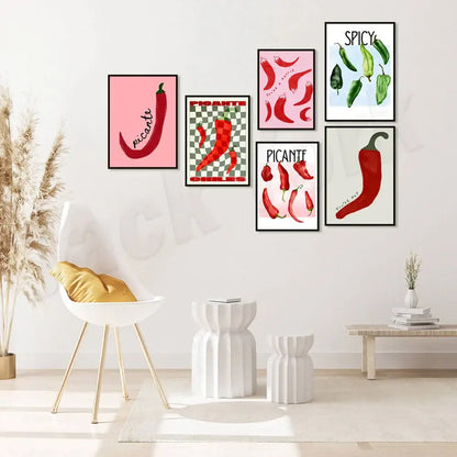 Vibrant red & green chili pepper art trio kitchen framed wall decor