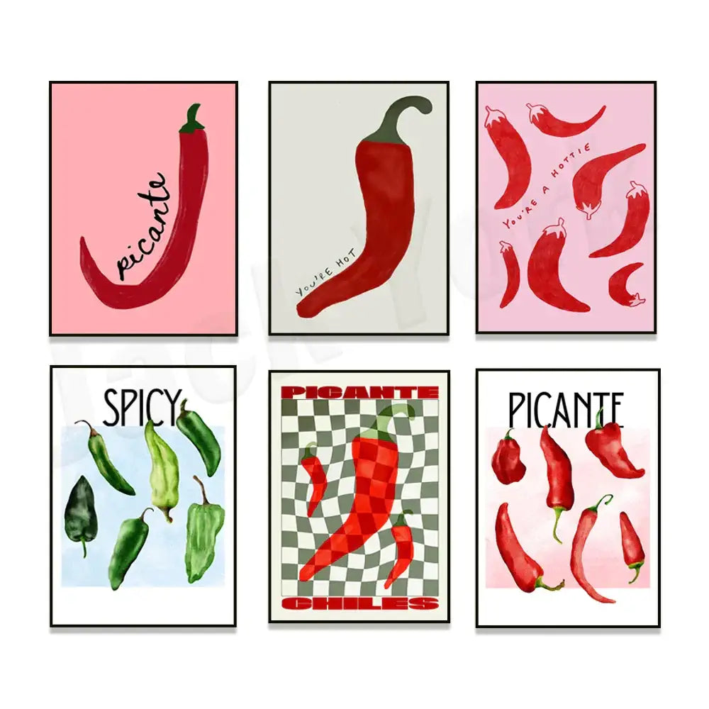 Vibrant red & green chili pepper art trio kitchen framed wall decor