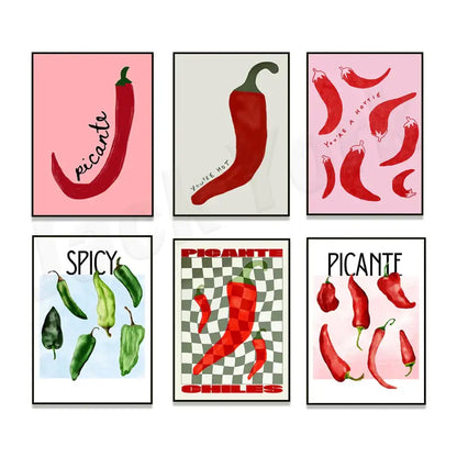 Vibrant red & green chili pepper art trio kitchen framed wall decor