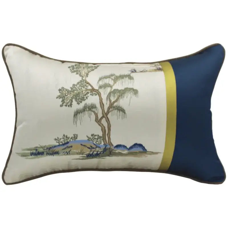 Chinoiserie landscape embroidered cream & blue lumbar pillow cover bedroom