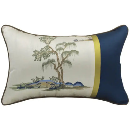 Chinoiserie landscape embroidered cream & blue lumbar pillow cover bedroom