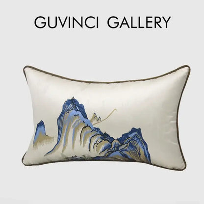 Chinoiserie landscape embroidered cream & blue lumbar pillow cover bedroom