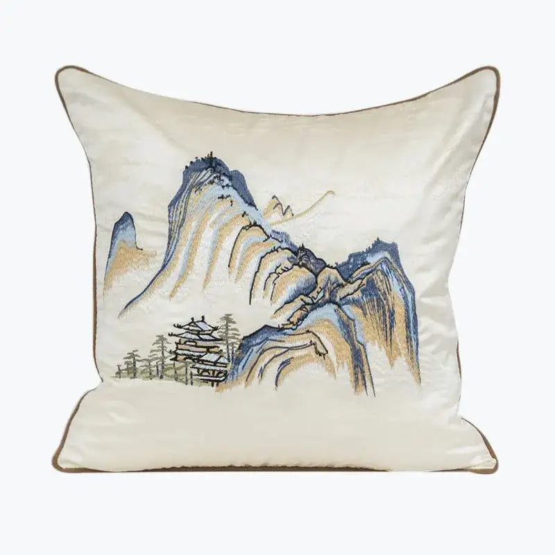 Chinoiserie landscape embroidered cream & blue lumbar pillow cover bedroom