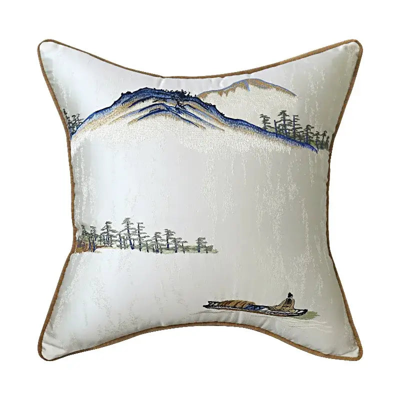 Chinoiserie landscape embroidered cream & blue lumbar pillow cover bedroom