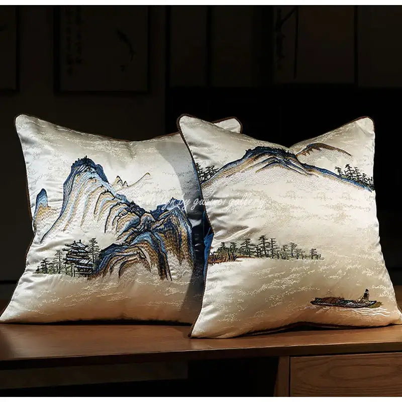 Chinoiserie landscape embroidered cream & blue lumbar pillow cover bedroom
