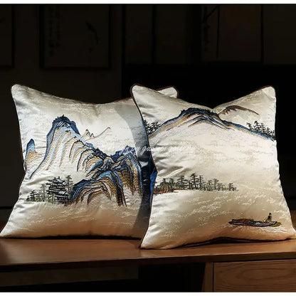 Chinoiserie landscape embroidered cream & blue lumbar pillow cover bedroom