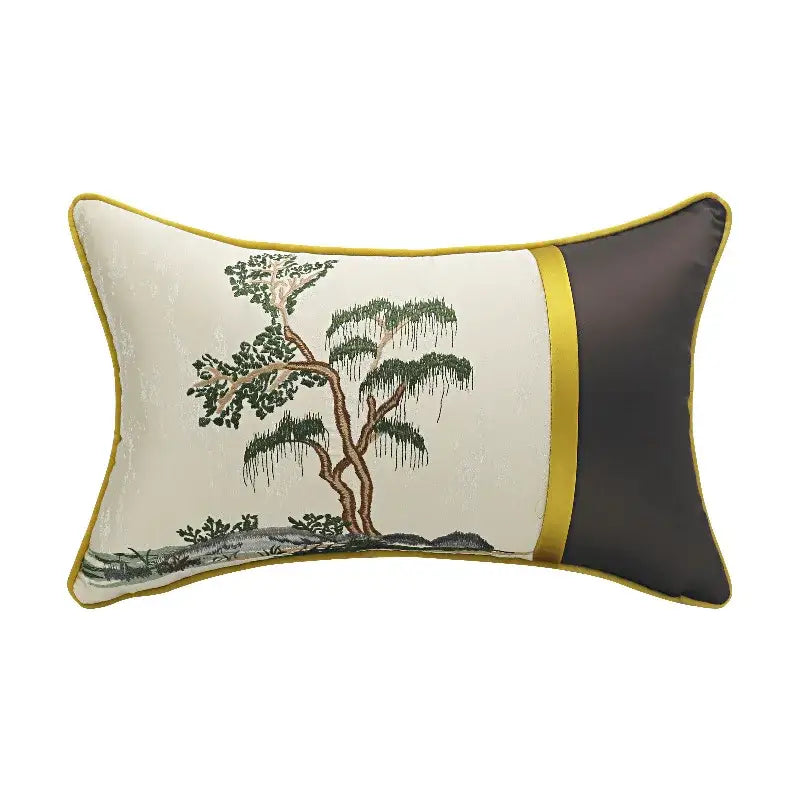 Chinoiserie landscape embroidered cream & blue lumbar pillow cover bedroom