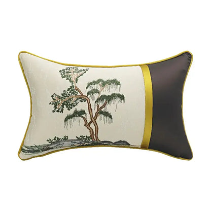 Chinoiserie landscape embroidered cream & blue lumbar pillow cover bedroom