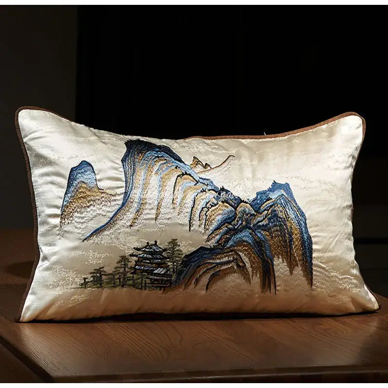 Chinoiserie landscape embroidered cream & blue lumbar pillow cover bedroom
