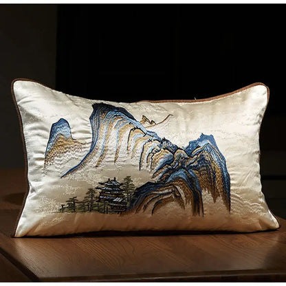Chinoiserie landscape embroidered cream & blue lumbar pillow cover bedroom