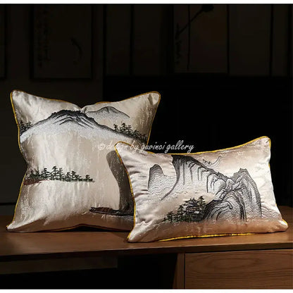 Chinoiserie landscape embroidered cream & blue lumbar pillow cover bedroom