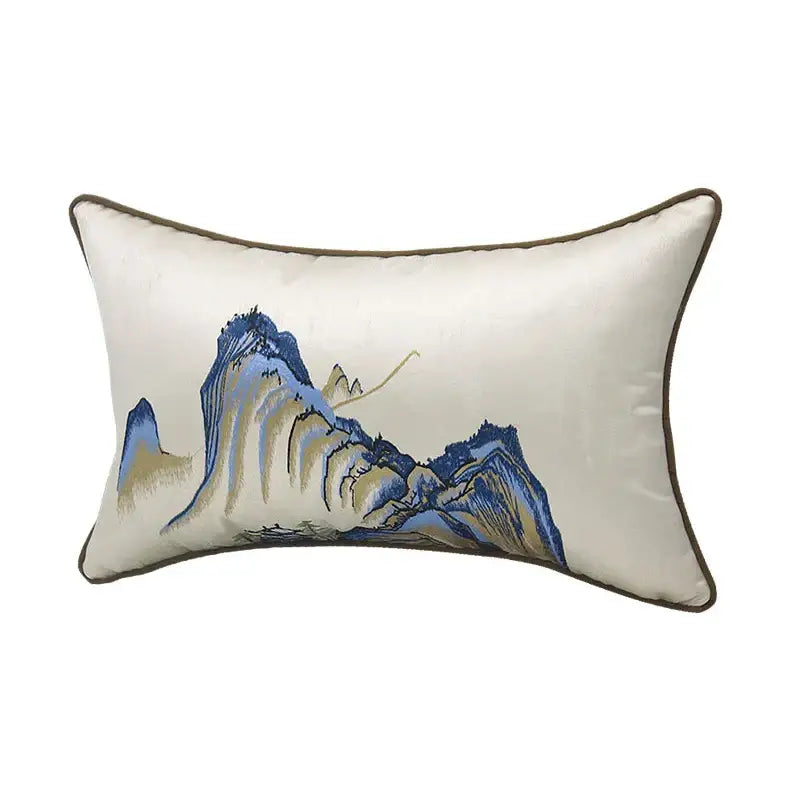 Chinoiserie landscape embroidered cream & blue lumbar pillow cover bedroom