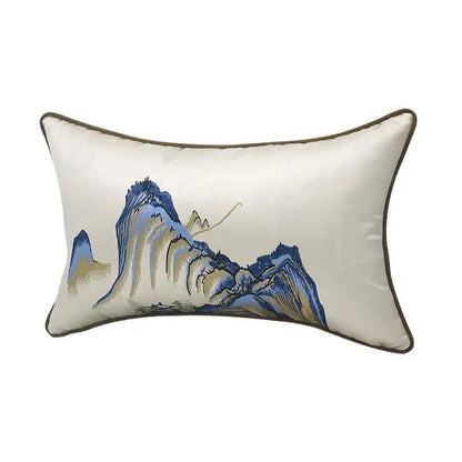 Chinoiserie landscape embroidered cream & blue lumbar pillow cover bedroom
