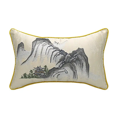 Chinoiserie landscape embroidered cream & blue lumbar pillow cover bedroom