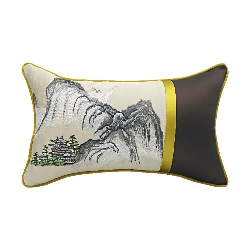 Chinoiserie landscape embroidered cream & blue lumbar pillow cover bedroom