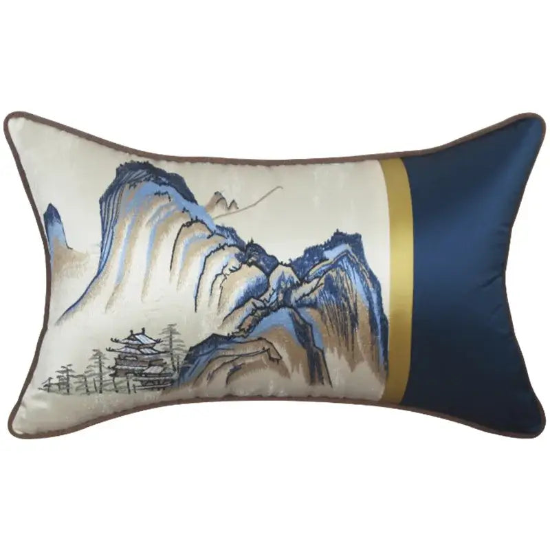 Chinoiserie landscape embroidered cream & blue lumbar pillow cover bedroom