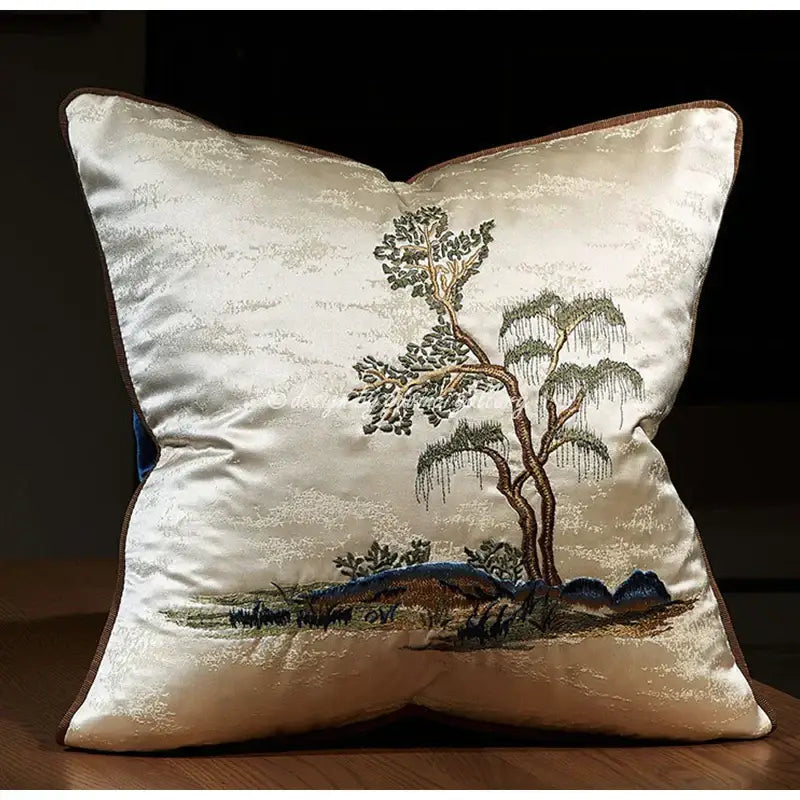 Chinoiserie landscape embroidered cream & blue lumbar pillow cover bedroom