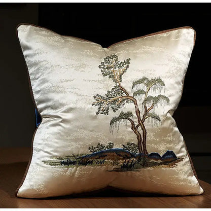 Chinoiserie landscape embroidered cream & blue lumbar pillow cover bedroom