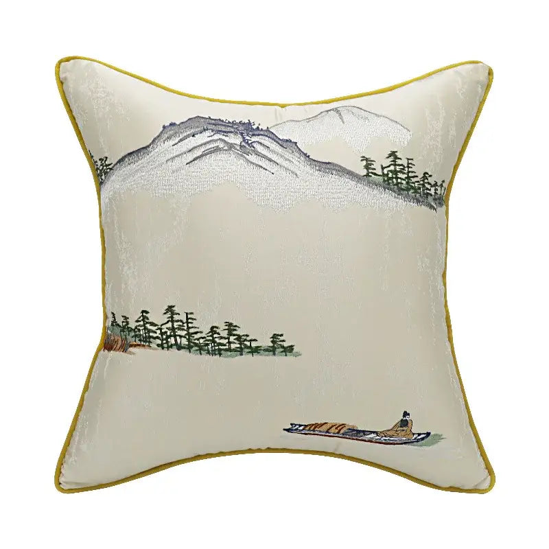 Chinoiserie landscape embroidered cream & blue lumbar pillow cover bedroom