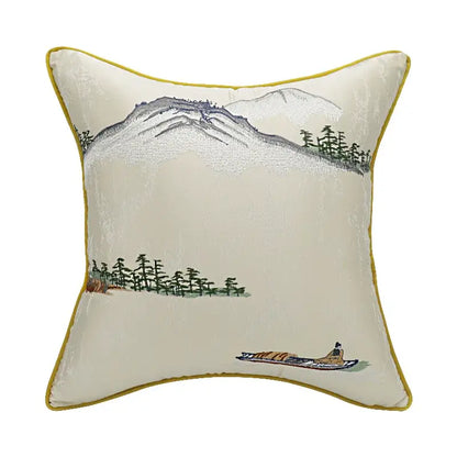Chinoiserie landscape embroidered cream & blue lumbar pillow cover bedroom