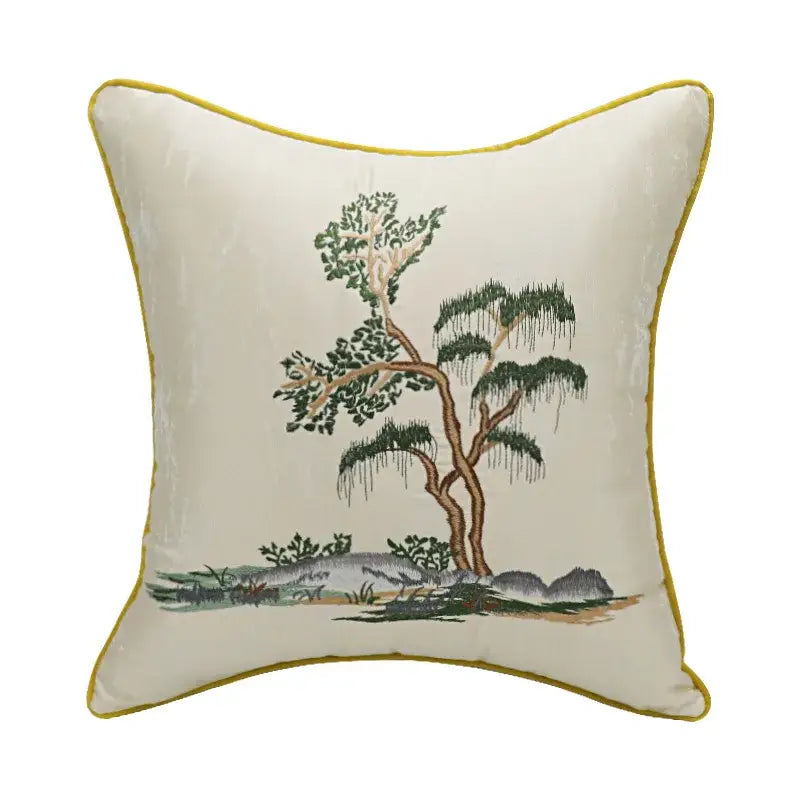 Chinoiserie landscape embroidered cream & blue lumbar pillow cover bedroom