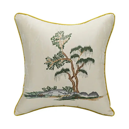 Chinoiserie landscape embroidered cream & blue lumbar pillow cover bedroom