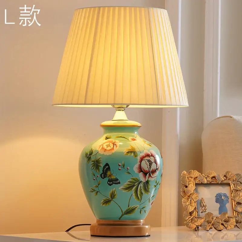 Hand painted bird flower ceramic table lamp for bedroom