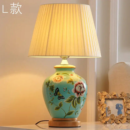 Hand painted bird flower ceramic table lamp for bedroom