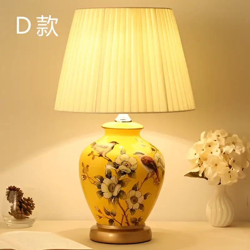 Hand painted bird flower ceramic table lamp for bedroom