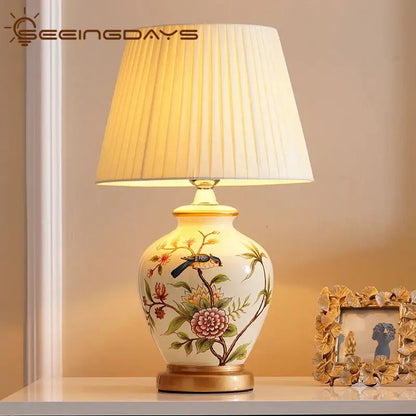 Hand painted bird flower ceramic table lamp for bedroom