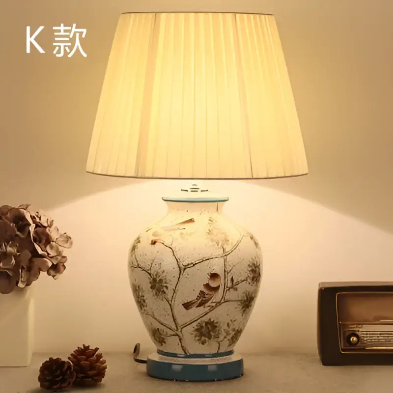 Hand painted bird flower ceramic table lamp for bedroom