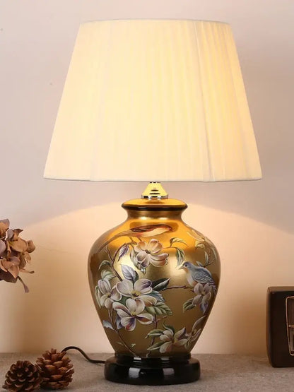 Hand painted bird flower ceramic table lamp for bedroom