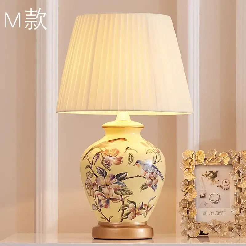 Hand painted bird flower ceramic table lamp for bedroom