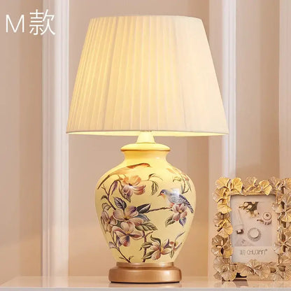 Hand painted bird flower ceramic table lamp for bedroom