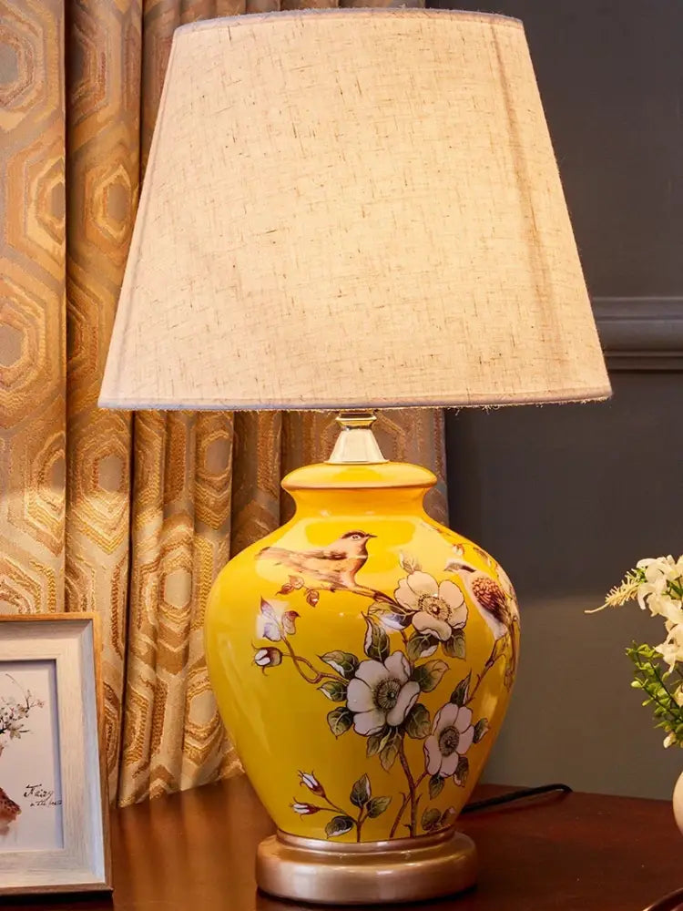 Hand painted bird flower ceramic table lamp for bedroom