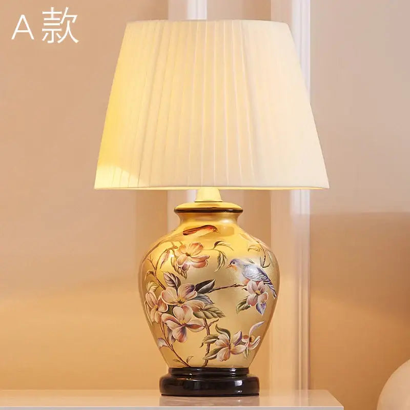 Hand painted bird flower ceramic table lamp for bedroom