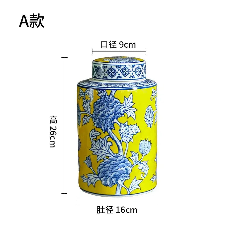 Yellow & blue chinese blue white porcelain jar flower vase living room