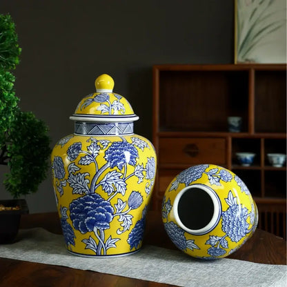 Yellow & blue chinese blue white porcelain jar flower vase living room