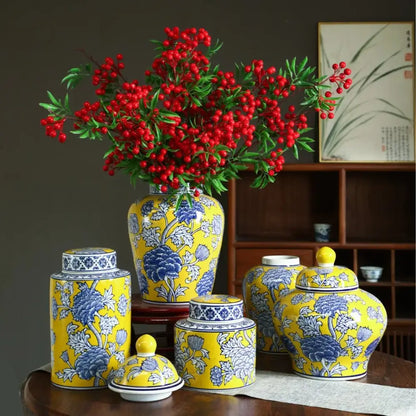 Yellow & blue chinese blue white porcelain jar flower vase living room