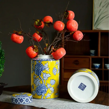 Yellow & blue chinese blue white porcelain jar flower vase living room
