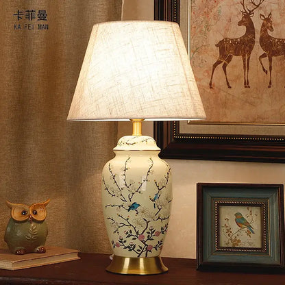 Retro cherry blossom ceramic table lamp bedroom hand painted decor