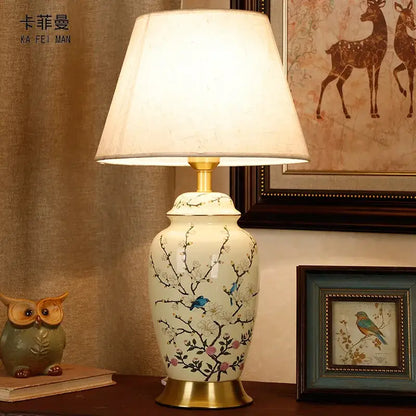 Retro cherry blossom ceramic table lamp bedroom hand painted decor